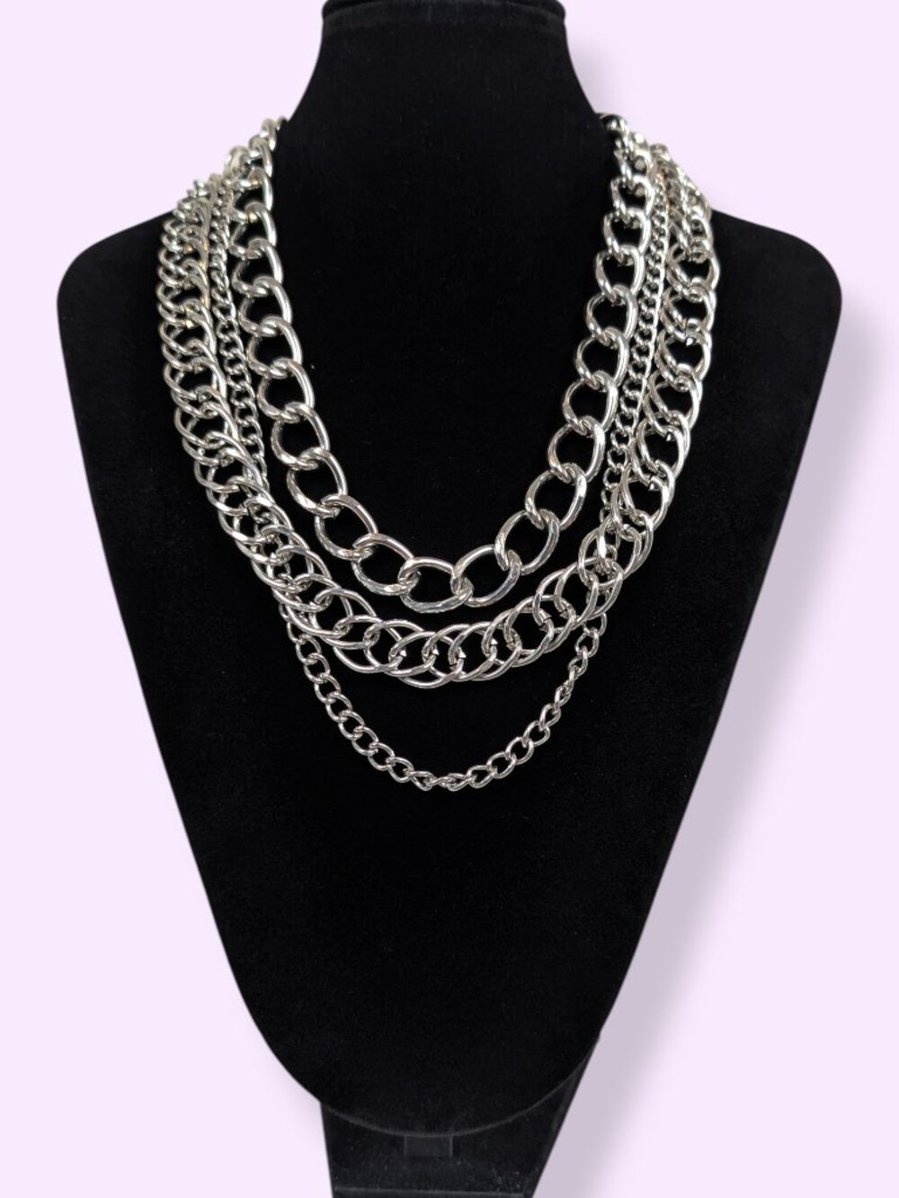 3-Strand Silver Tone Chain Statement Necklace